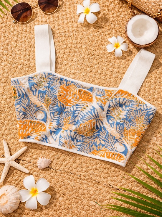 STAUD Tops - Staud Zola Sand & Sea Leaf Print Square Neck Cropped Knit Tank Top XL